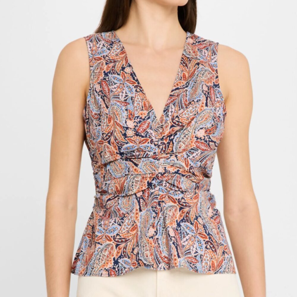 Veronica Beard 'Aiden' Paisley-Print Ruched Cotton Top, Navy Blue Multi